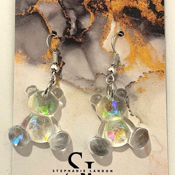 NEW Clear Yellow Confetti Resin Gummy Bear Dangle Earrings - Picture 1 of 1